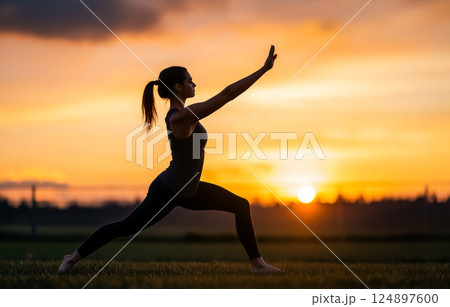 夕日を背景に屋外でヨガを行う集中した女性 124897600