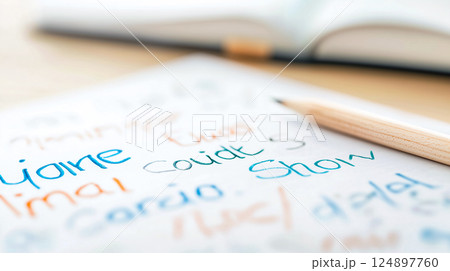 カラフルな筆記と木製鉛筆による学習コンセプト 124897760
