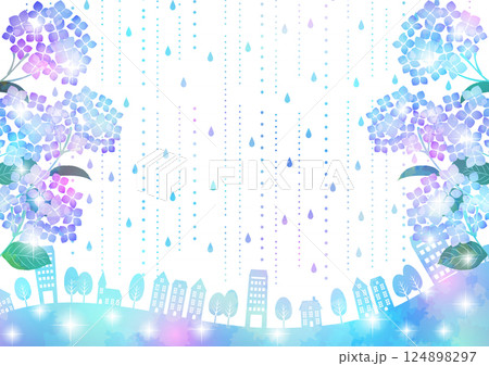 あじさい、街並み、虹色、背景、梅雨、横、イラスト、かわいい 124898297