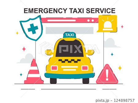 Emergency Taxi Service Vector Illustration Featuring a Taxi Car Called via Mobile Apps with Location Markers for Urgent Delivery or Emergency Calls Emergency Taxi Service Vector Illustration Featuring a Taxi Car Called via Mobile Apps with Location Markers for Urgent Delivery or Emergency Calls 124898757