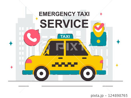 Emergency Taxi Service Vector Illustration Featuring a Taxi Car Called via Mobile Apps with Location Markers for Urgent Delivery or Emergency Calls 124898765