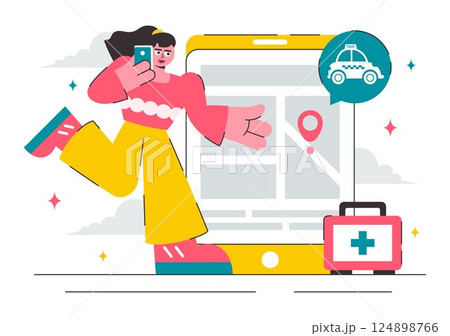 Emergency Taxi Service Vector Illustration Featuring a Taxi Car Called via Mobile Apps with Location Markers for Urgent Delivery or Emergency Calls 124898766