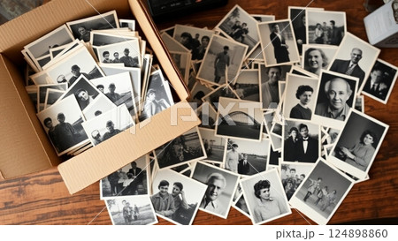 古い白黒写真がたくさん段ボールの中に入っている 124898860