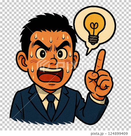 答えを見つけて力強く主張する汗だくビジネスマン 答えを見つけて力強く主張する汗だくビジネスマン 124899409