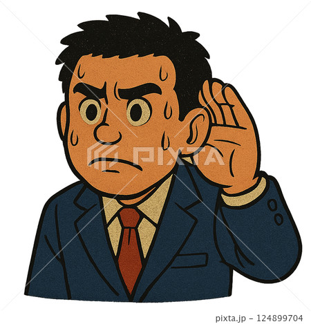 必死に情報を聞き取ろうとする汗だくのビジネスマン、緊急事態に耳を澄ませる真剣なスーツ男性、重要な情報 124899704