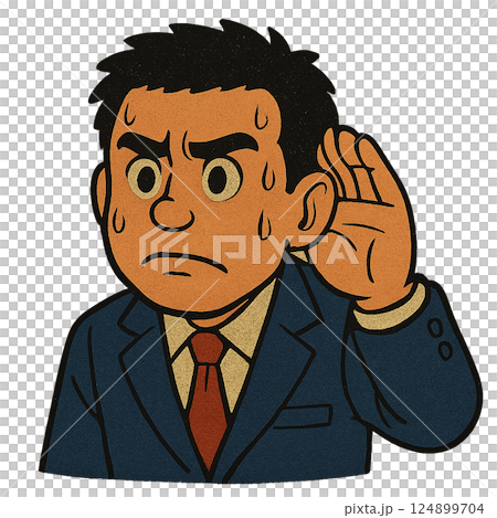 必死に情報を聞き取ろうとする汗だくのビジネスマン、緊急事態に耳を澄ませる真剣なスーツ男性、重要な情報 124899704