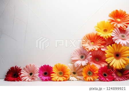 白い壁バックにカラフルなガーベラの花 124899921