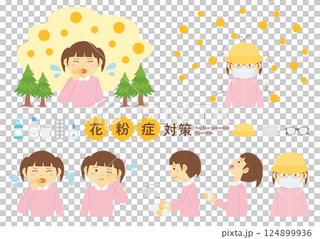 一組兒童花粉症症狀和相關措施的插圖_女孩 124899936