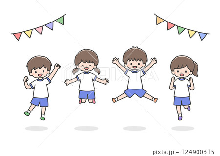 ジャンプする体操服の子どもたち ジャンプする体操服の子どもたち 124900315