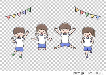 ジャンプする体操服の子どもたち ジャンプする体操服の子どもたち 124900315