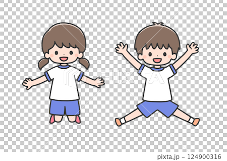 ジャンプする体操服の子どもたち 124900316