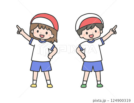 指差しポーズをする体操服の子どもたち 指差しポーズをする体操服の子どもたち 124900319
