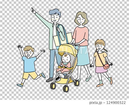ベビーカーでお出かけする若い家族 124900322