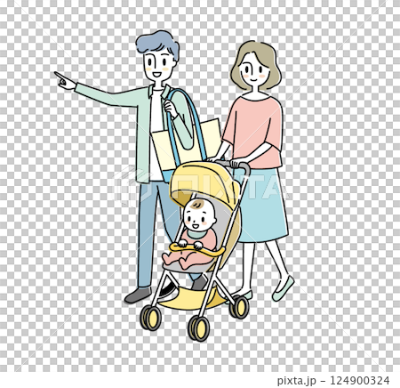 一對夫婦帶著嬰兒和嬰兒車外出的插圖 124900324