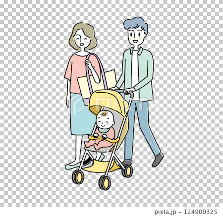 一對夫婦帶著嬰兒和嬰兒車外出的插圖 124900325