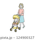 ベビーカーで赤ちゃんとお出かけするお母さんのイラスト 124900327