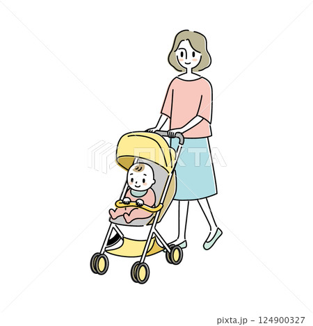 ベビーカーで赤ちゃんとお出かけするお母さんのイラスト ベビーカーで赤ちゃんとお出かけするお母さんのイラスト 124900327