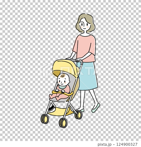 一位母親推著嬰兒車帶著寶寶外出的插圖 124900327