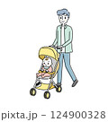 ベビーカーで赤ちゃんとお出かけするお父さんのイラスト 124900328