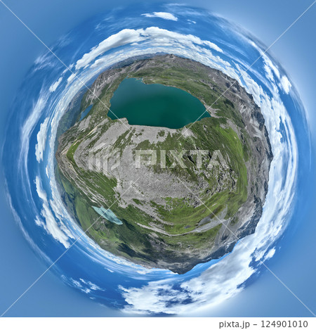 Aerial view of beautiful high altitude mountain and lake landscape 124901010