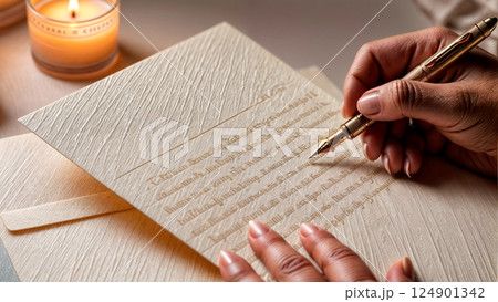 Calligrapher is holding a pen with ink. The girl writes a letter in handwritten font. Soft focus. 124901342