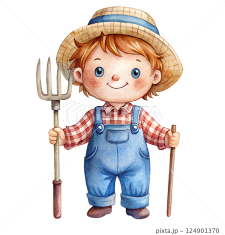 Cute kid wearing farmer outfit watercolor 124901370