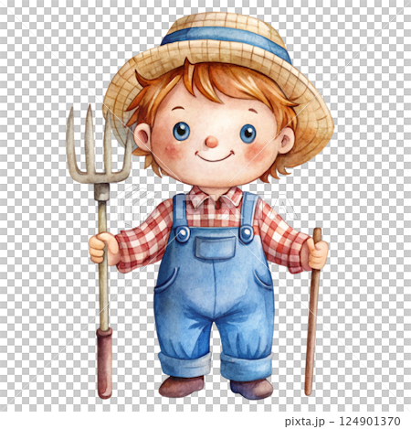 Cute kid wearing farmer outfit watercolor 124901370