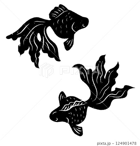 シンプルな金魚のシルエット　和風　版画風 124901478