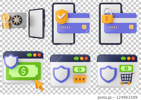 3d payment money protection security icon illustration set bundle 124901509