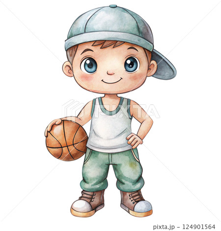 Cute kid wearing Hip hop Cool shoes Basketball watercolor 124901564