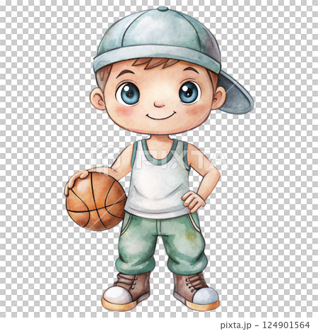 Cute kid wearing Hip hop Cool shoes Basketball watercolor 124901564