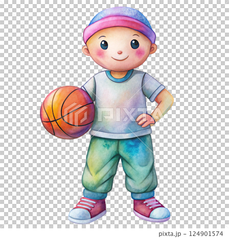 Cute kid wearing Hip hop Cool shoes Basketball watercolor 124901574
