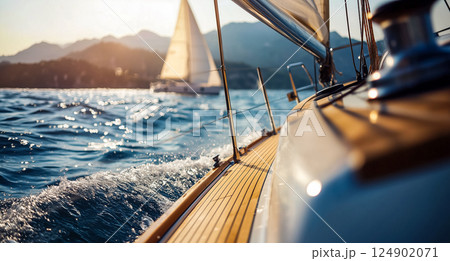 青い波の上を走るヨットのスピードと動きを捉えた 124902071