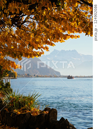 Switzerland,, Montreux lake view with yellow tree leafs. The most beautiful view Switzerland,, Montreux lake view with yellow tree leafs. The most beautiful view 124902086