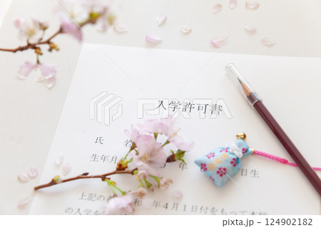 入学許可書と生花の桜、合格祈願のお守り 受験のイメージ 入学許可書と生花の桜、合格祈願のお守り 受験のイメージ 124902182