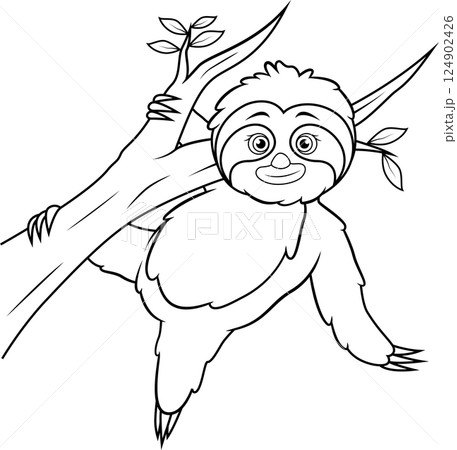 Cartoon sloth hanging on a tree branch line art 124902426