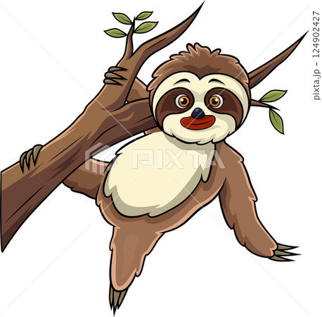 Cartoon sloth hanging on a tree branch 124902427