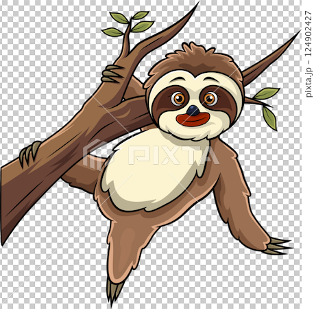 Cartoon sloth hanging on a tree branch 124902427