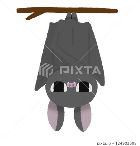 ハロウィンのコウモリが逆さまにぶら下がっているかわいい手描きのカラーイラスト 124902608