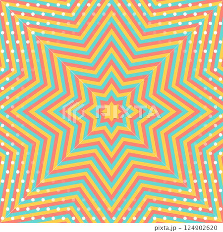 同心状の星形、ドットのパターン背景、八角星、ポップなデザイン、正方形サイズ 124902620