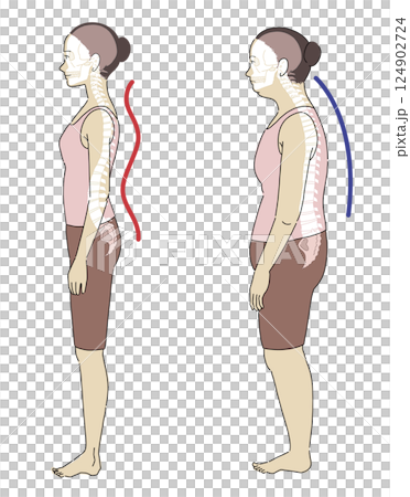 Illustration of a woman lying sideways with good and bad posture and an easy-to-understand skeleton Illustration of a woman lying sideways with good and bad posture and an easy-to-understand skeleton 124902724
