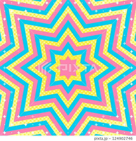 同心状の星形とハーフトーンのドット、キラキラのパターン背景、八角星、ポップなデザイン、正方形サイズ 124902746