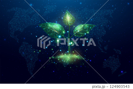 Wireframe polygonal plant with globe map. Plant sprout. Growing plant in low poly wireframe style. Abstract modern 3d vector illustration on dark blue background. 124903543