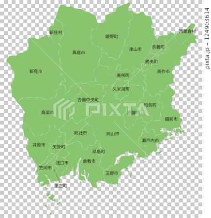 Dividable map of Okayama prefecture with names of cities, towns and villages 124903614