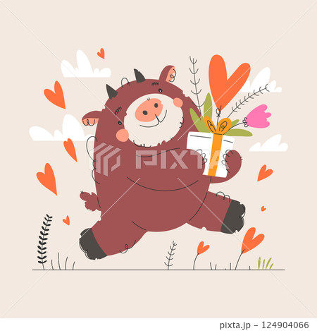 Adorable cartoon bull joyfully holding a gift box decorated with flowers and a heart. Perfect for love, celebrations, Valentine's Day, and friendship themes. 124904066