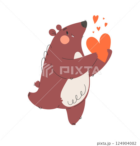 Adorable cartoon bear holding a big orange heart with floating hearts above. Perfect for Valentines Day, love, and friendship themes. 124904082