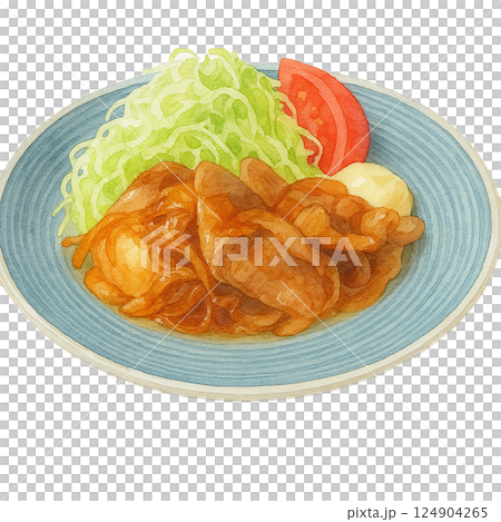 豚の生姜焼きのイラスト・水彩風・キャベツ千切りとトマト添え（手描き風） 124904265