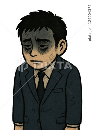 疲労困憊でやる気を失ったスーツ姿の男性、限界まで追い詰められた会社員のイラスト、絶望的な表情で立ち尽 疲労困憊でやる気を失ったスーツ姿の男性、限界まで追い詰められた会社員のイラスト、絶望的な表情で立ち尽 124904372