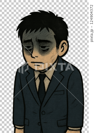 疲労困憊でやる気を失ったスーツ姿の男性、限界まで追い詰められた会社員のイラスト、絶望的な表情で立ち尽 疲労困憊でやる気を失ったスーツ姿の男性、限界まで追い詰められた会社員のイラスト、絶望的な表情で立ち尽 124904372