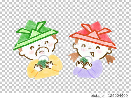 Hand-drawn illustration of a boy and girl wearing paper helmets and eating kashiwamochi 124904409
